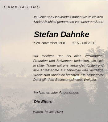 Traueranzeige von Stefan Dahnke von Müritz-Zeitung
