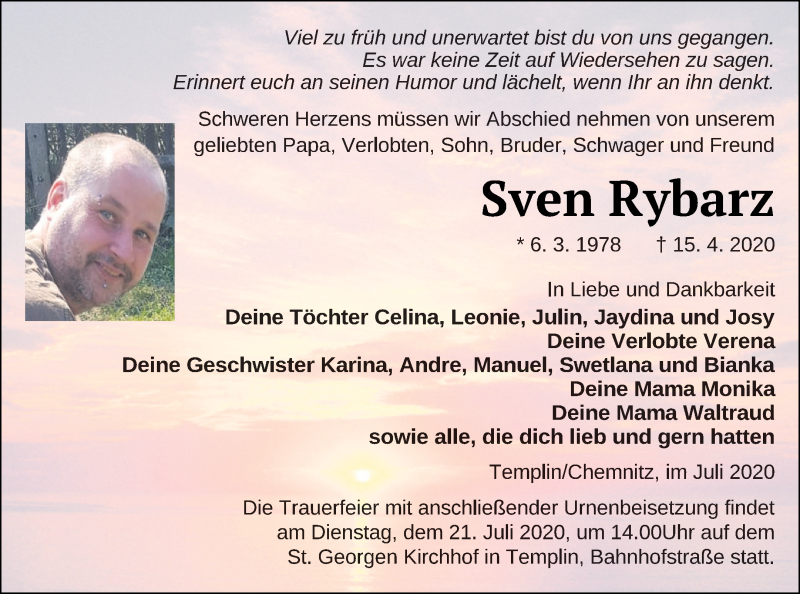  Traueranzeige für Sven Rybarz vom 10.07.2020 aus Templiner Zeitung