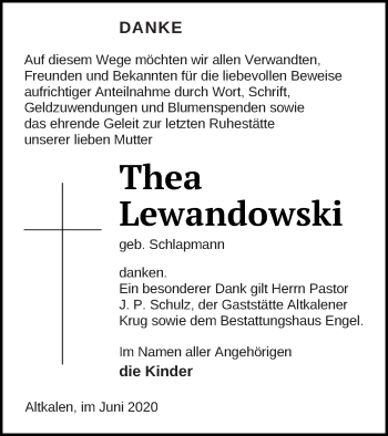 Traueranzeige von Thea Lewandowski von Mecklenburger Schweiz