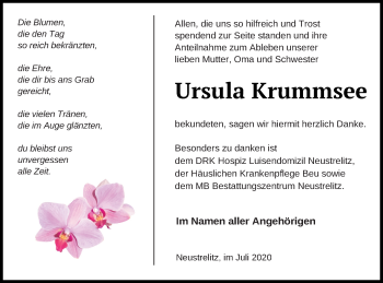 Traueranzeige von Ursula Krummsee von Strelitzer Zeitung