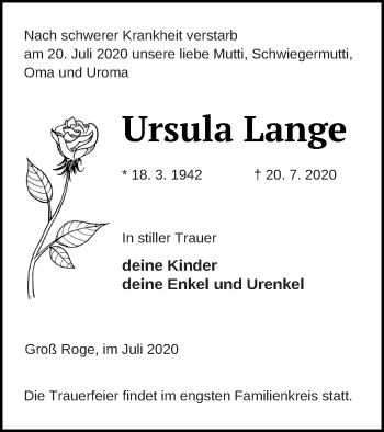 Traueranzeige von Ursula Lange von Mecklenburger Schweiz