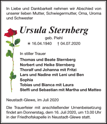 Traueranzeige von Ursula Sternberg von Ludwigsluster Tageblatt