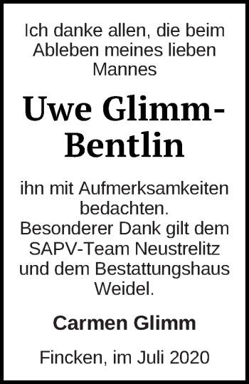 Traueranzeige von Uwe Glimm-Bentlin von Müritz-Zeitung