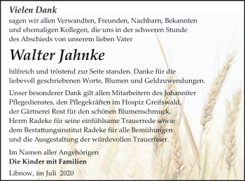 Traueranzeige von Walter Jahnke von Vorpommern Kurier