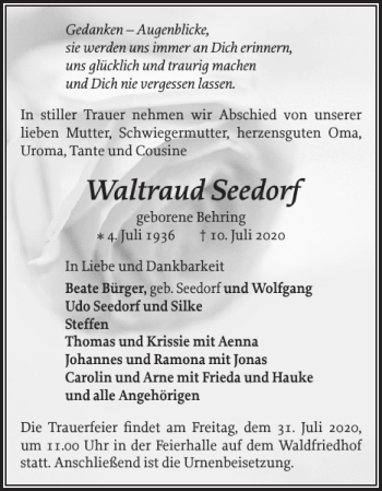 Traueranzeige von Waltraud Seedorf von Zeitung für die Landeshauptstadt