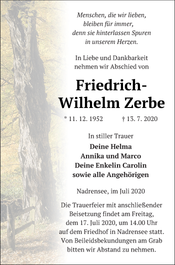 Traueranzeige von Wilhelm Zerbe von Pasewalker Zeitung