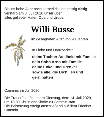 Traueranzeige von Willi Busse von Neubrandenburger Zeitung