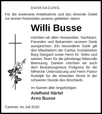 Traueranzeige von Willi Busse von Neubrandenburger Zeitung