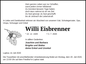 Traueranzeige von Willi Eisbrenner von Neubrandenburger Zeitung