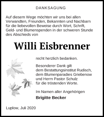 Traueranzeige von Willi Eisbrenner von Neubrandenburger Zeitung