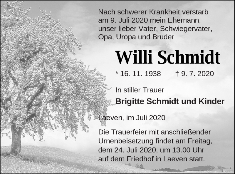  Traueranzeige für Willi Schmidt vom 14.07.2020 aus Strelitzer Zeitung