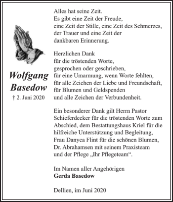 Traueranzeige von Wolfgang Basedow von Hagenower Kreisblatt