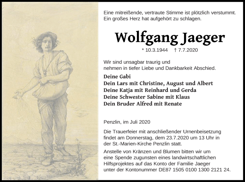  Traueranzeige für Wolfgang Jaeger vom 11.07.2020 aus Demminer Zeitung