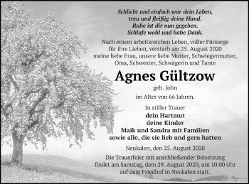 Traueranzeige von Agnes Gültzow von Mecklenburger Schweiz