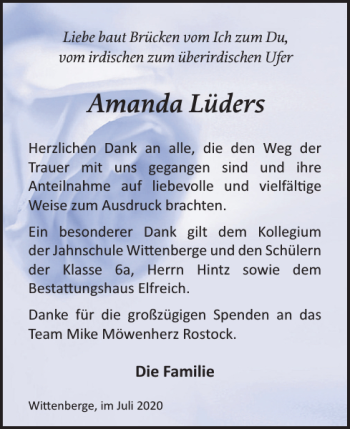 Traueranzeige von Amanda Lüders von Der Prignitzer