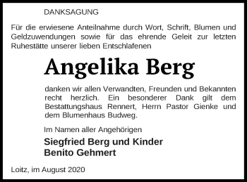 Traueranzeige von Angelika Berg von Vorpommern Kurier