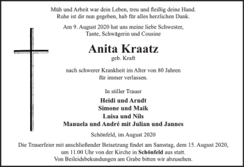 Traueranzeige von Anita Kraatz von Der Prignitzer