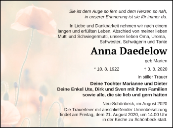 Traueranzeige von Anna Daedelow von Neubrandenburger Zeitung