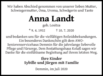 Traueranzeige von Anna Landt von Demminer Zeitung