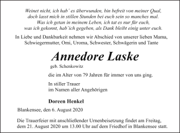 Traueranzeige von Annedore Laske von Pasewalker Zeitung