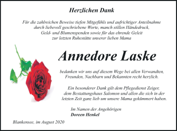 Traueranzeige von Annedore Laske von Pasewalker Zeitung