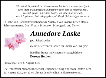 Traueranzeige von Annedore Laske von Pasewalker Zeitung