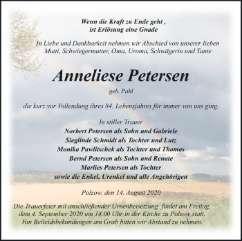 Traueranzeige von Anneliese Petersen von Pasewalker Zeitung