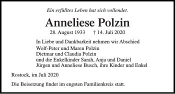 Traueranzeige von Anneliese Polzin von Norddeutsche Neueste Nachrichten