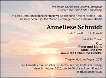 Traueranzeige von Anneliese Schmidt von Strelitzer Zeitung