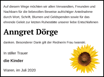 Traueranzeige von Anngret Dörge von Müritz-Zeitung