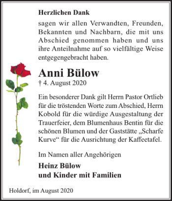 Traueranzeige von Anni Bülow von Gadebusch-Rehnaer Zeitung