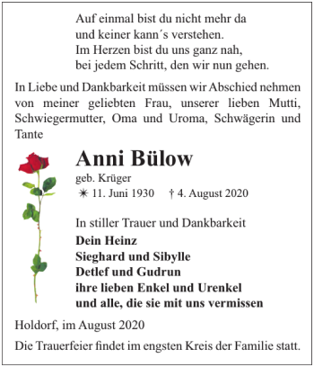 Traueranzeige von Anni Bülow von Gadebusch-Rehnaer Zeitung