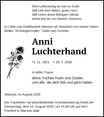 Traueranzeige von Anni Luchterhand von Strelitzer Zeitung