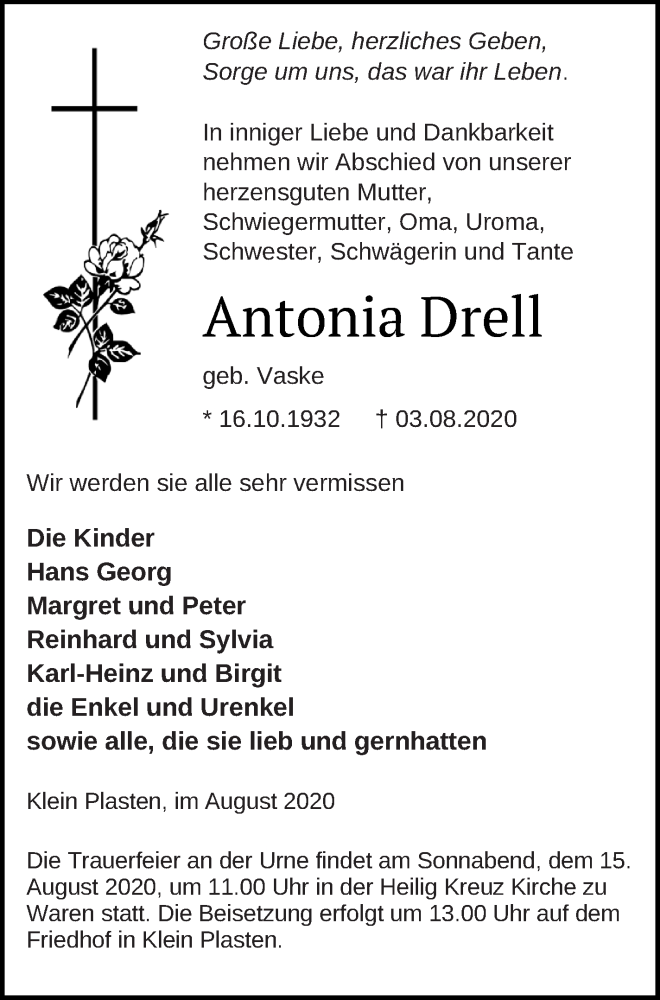  Traueranzeige für Antonia Drell vom 08.08.2020 aus Müritz-Zeitung