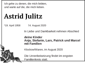 Traueranzeige von Astrid Julitz von Müritz-Zeitung