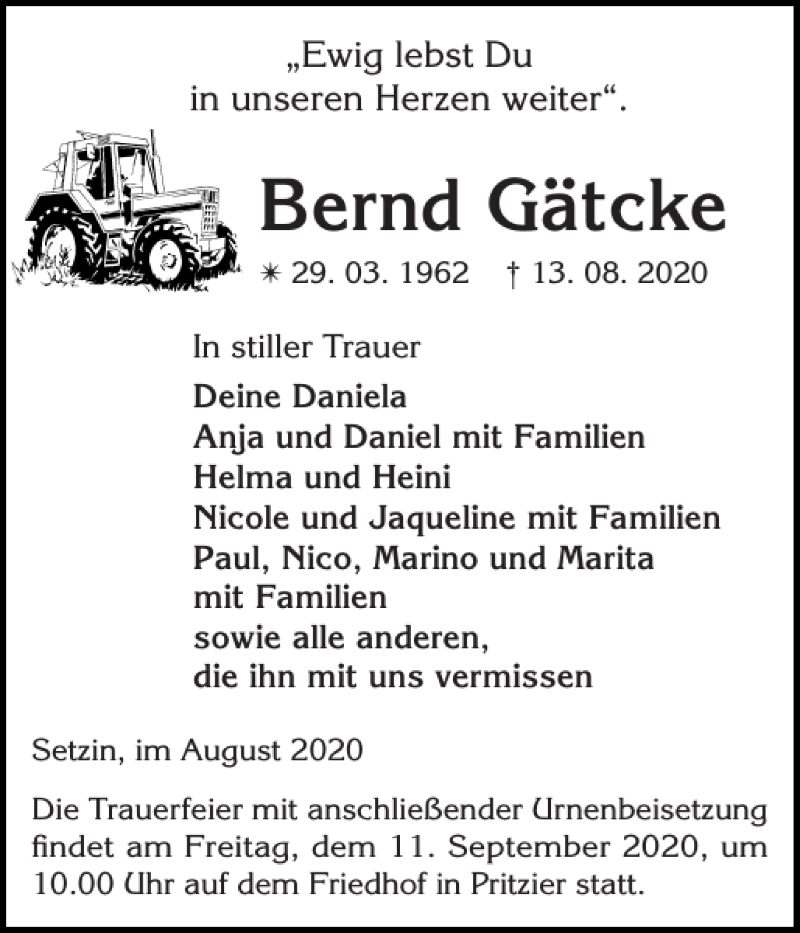  Traueranzeige für Bernd Gätcke vom 29.08.2020 aus Hagenower Kreisblatt