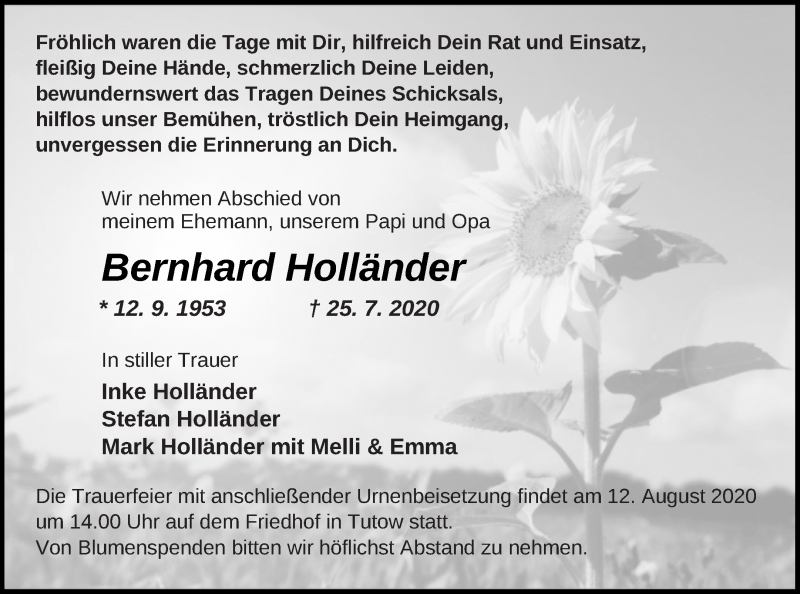  Traueranzeige für Bernhard Holländer vom 01.08.2020 aus Vorpommern Kurier