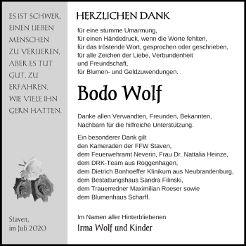 Traueranzeige von Bodo Wolf von Neubrandenburger Zeitung