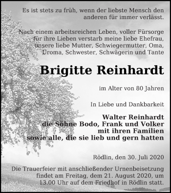 Traueranzeige von Brigitte Reinhardt von Strelitzer Zeitung