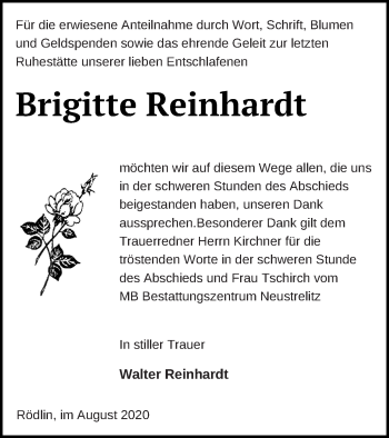 Traueranzeige von Brigitte Reinhardt von Strelitzer Zeitung