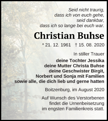 Traueranzeige von Christian Buhse von Prenzlauer Zeitung