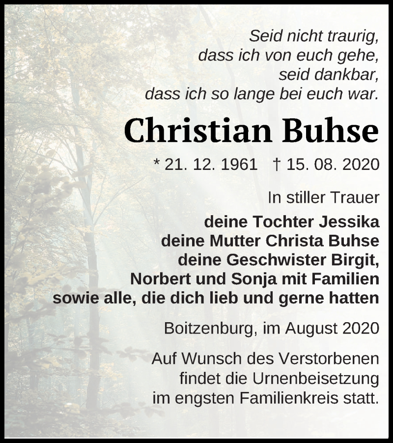  Traueranzeige für Christian Buhse vom 21.08.2020 aus Prenzlauer Zeitung