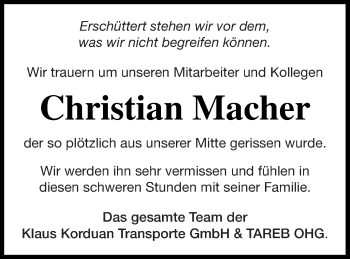 Traueranzeige von Christian Macher von Templiner Zeitung