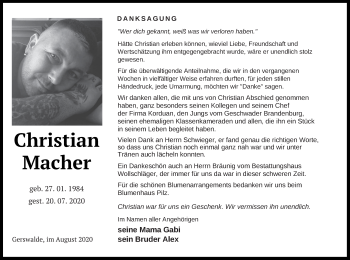 Traueranzeige von Christian Macher von Templiner Zeitung