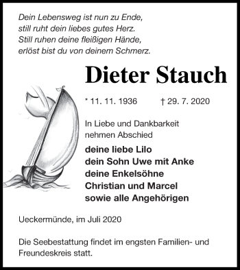 Traueranzeige von Dieter Stauch von Haff-Zeitung