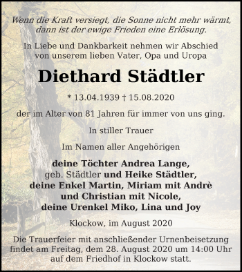 Traueranzeige von Diethard Städtler von Prenzlauer Zeitung