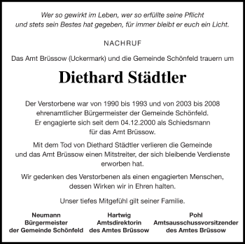 Traueranzeige von Diethard Städtler von Prenzlauer Zeitung