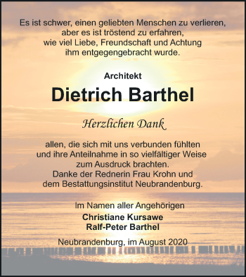 Traueranzeige von Dietrich Barthel von Neubrandenburger Zeitung