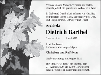 Traueranzeige von Dietrich Barthel von Neubrandenburger Zeitung