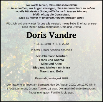 Traueranzeige von Doris Vandre von Pasewalker Zeitung